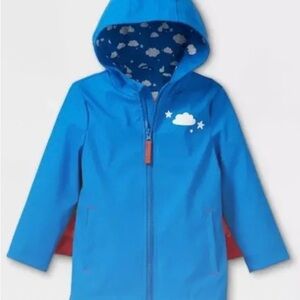 Blue Hooded Raincoat with Cloud Design and Rainbow Wings